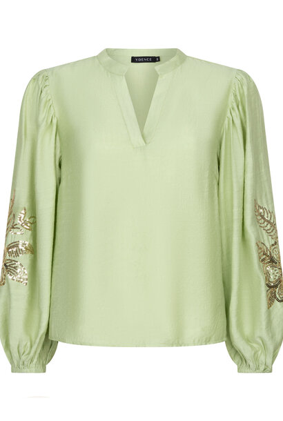 Rose fine sequins ballonsleeve tunic  blouse Matcha Green