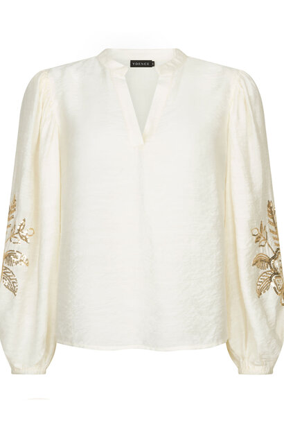 Rose fine sequins ballonsleeve tunic  blouse  Ecru White