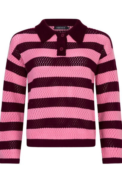 Agnes ajour knitted polo sweater top Burgundy/Coral