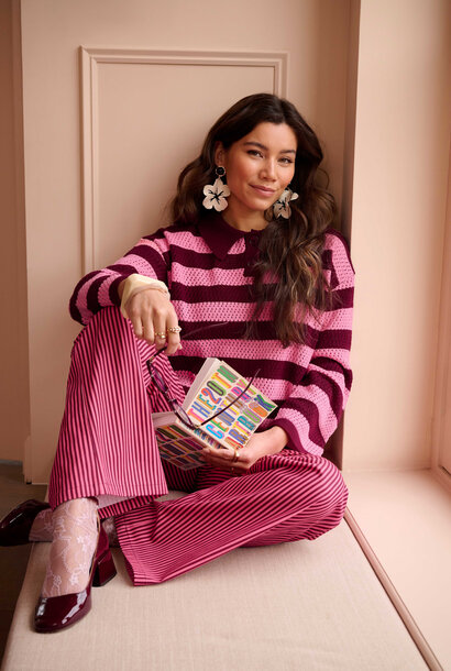 Agnes ajour knitted polo sweater top Burgundy/Coral