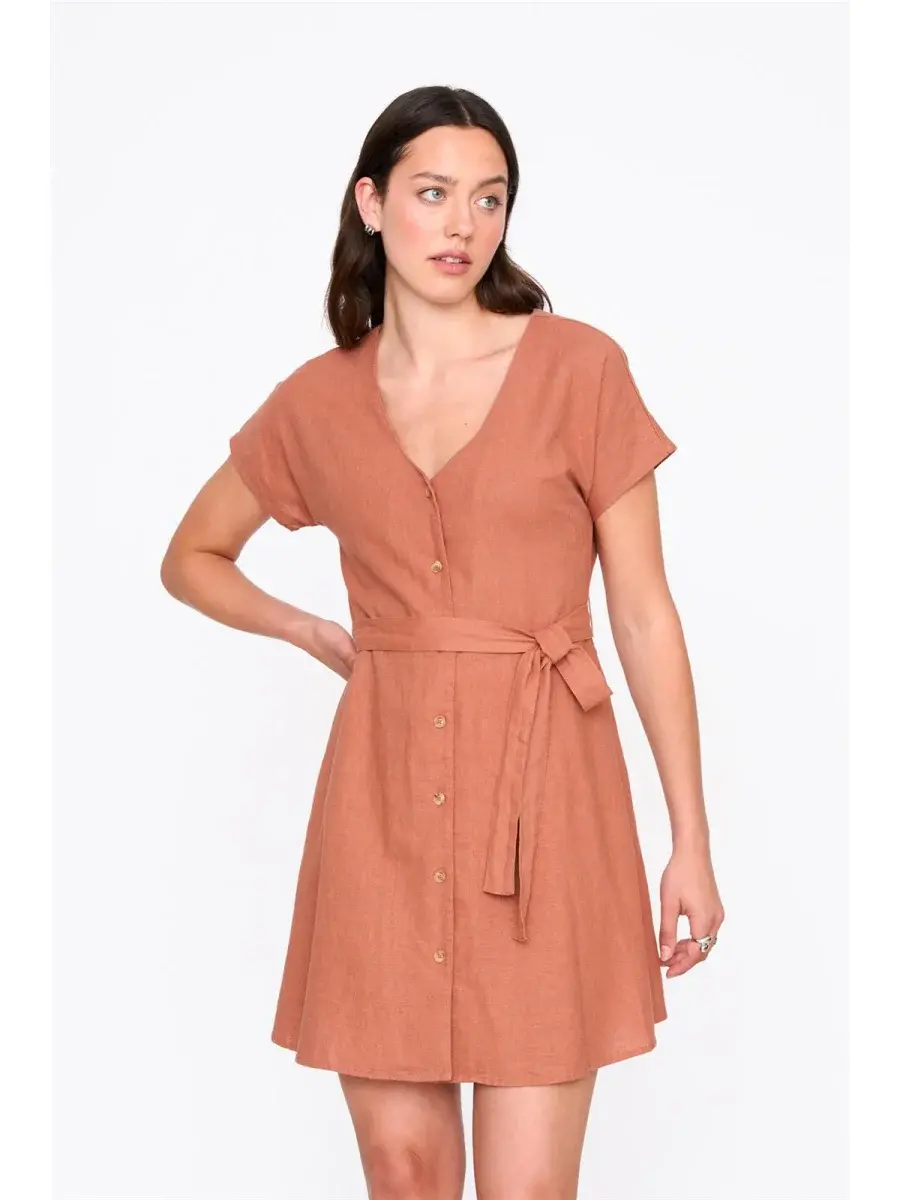 Anna minimal buton-up dress Terra Rust-2