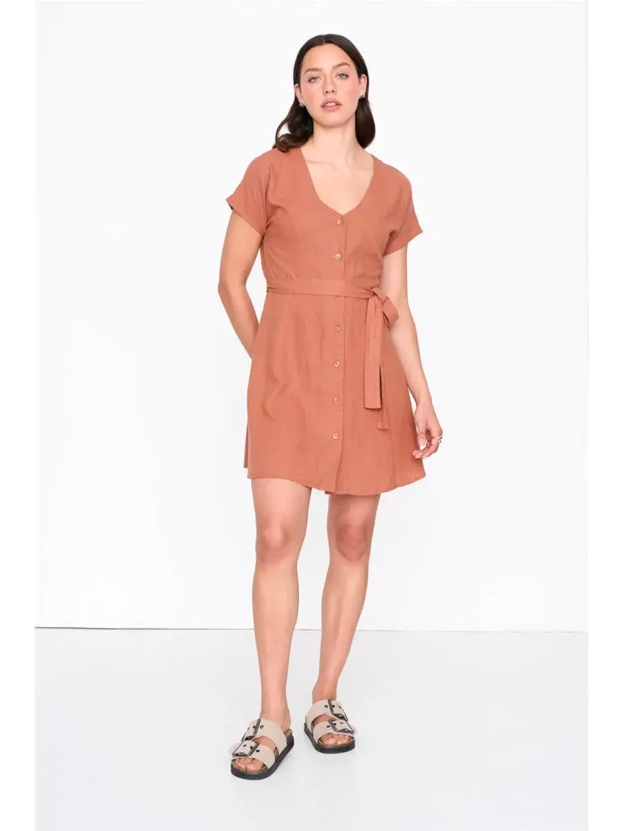 Anna minimal buton-up dress Terra Rust-1