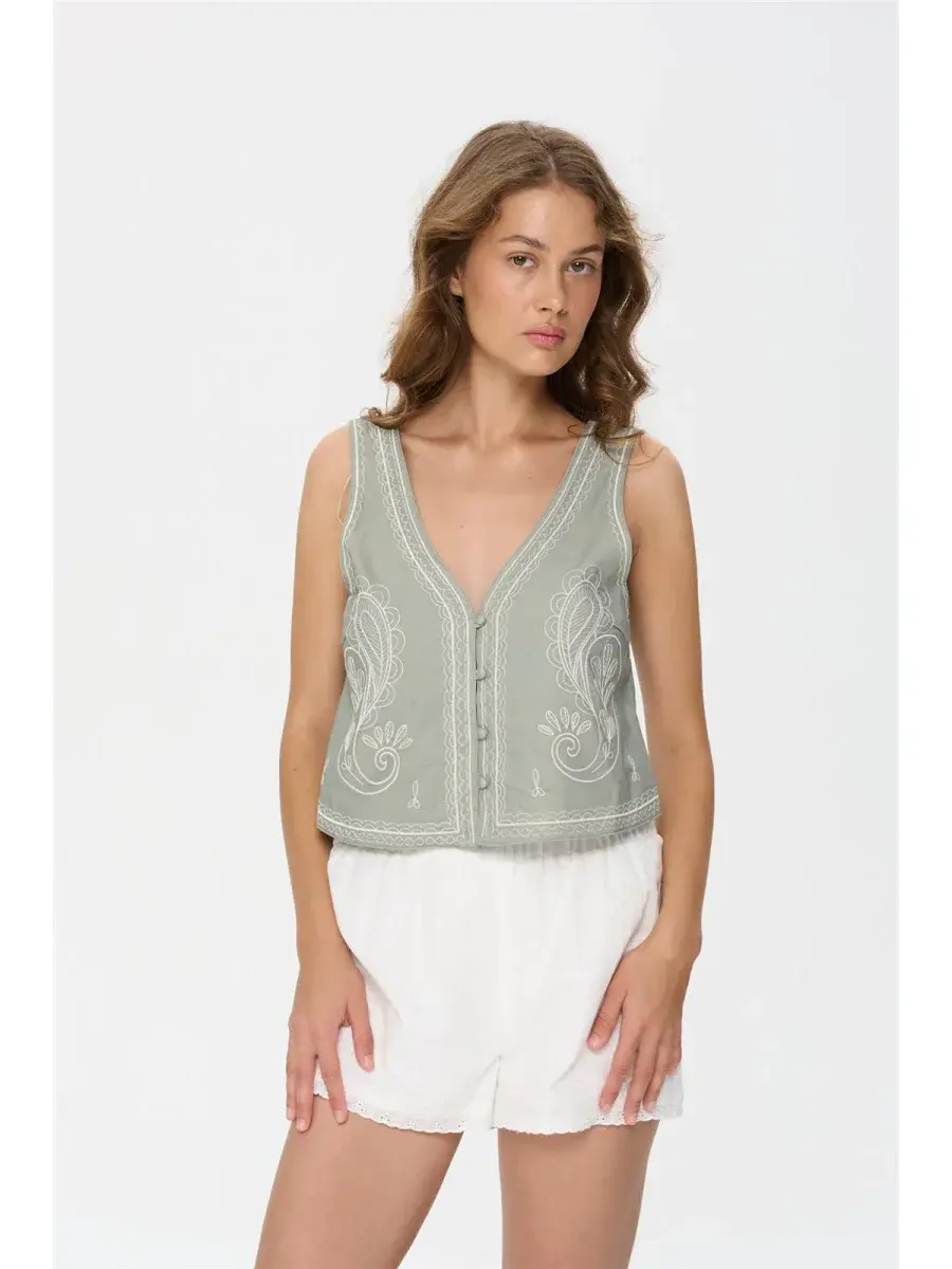 Alidan etnic coton gilet top Matcha Green-1