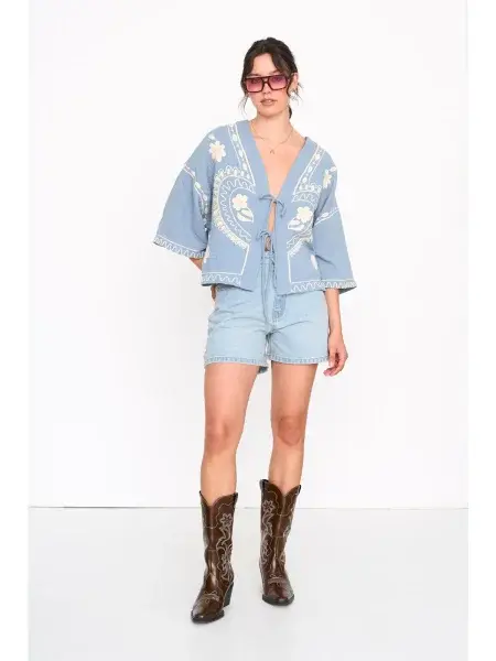 Belladoro etnic bow kimono blouse top Ash Blue-3