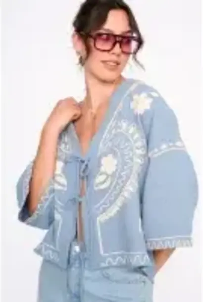 Belladoro etnic bow kimono blouse top Ash Blue