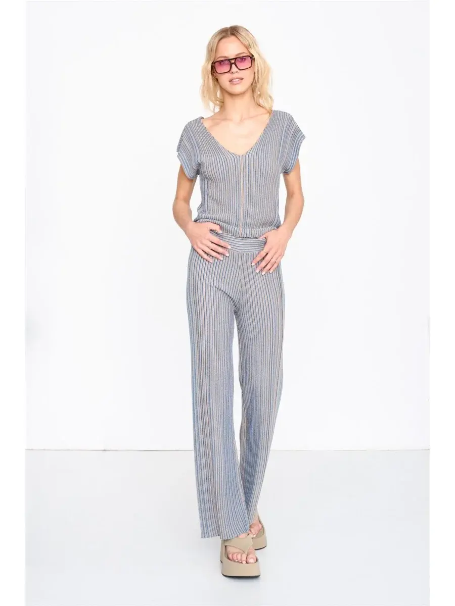 Caia fine stripped rib lurex top (set) Blue Sand-3