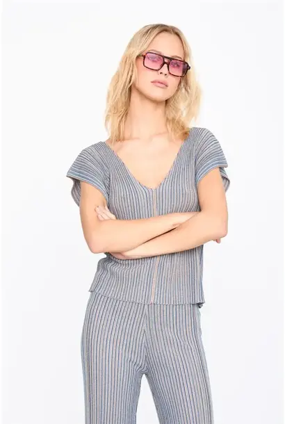 Caia fine stripped rib lurex top (set) Blue Sand