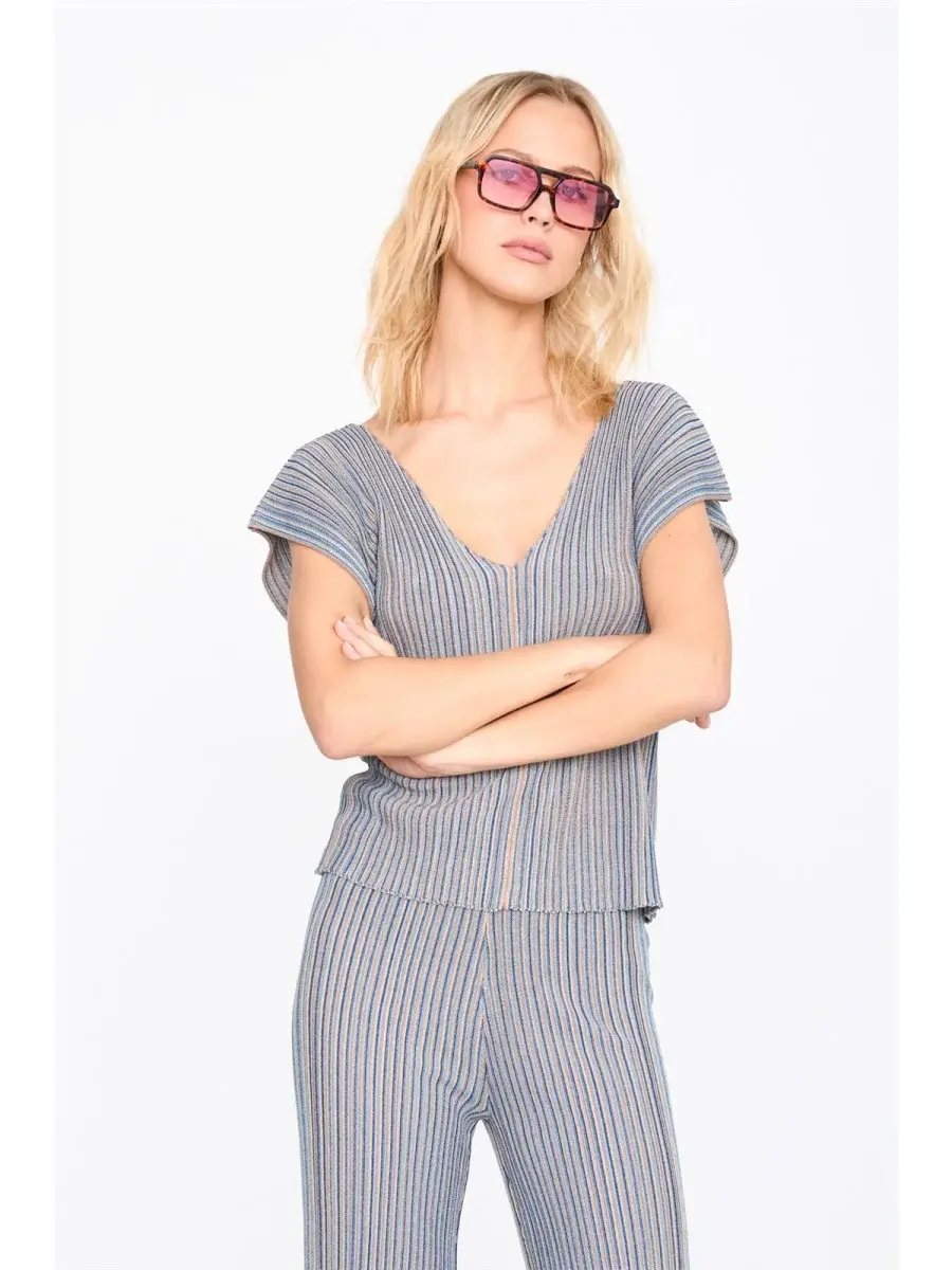 Caia fine stripped rib lurex top (set) Blue Sand-1