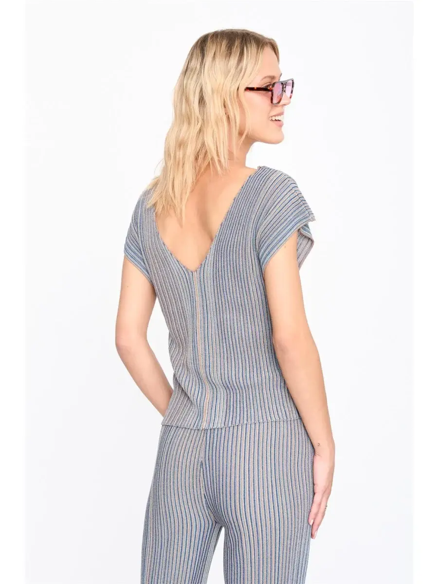 Caia fine stripped rib lurex top (set) Blue Sand-4