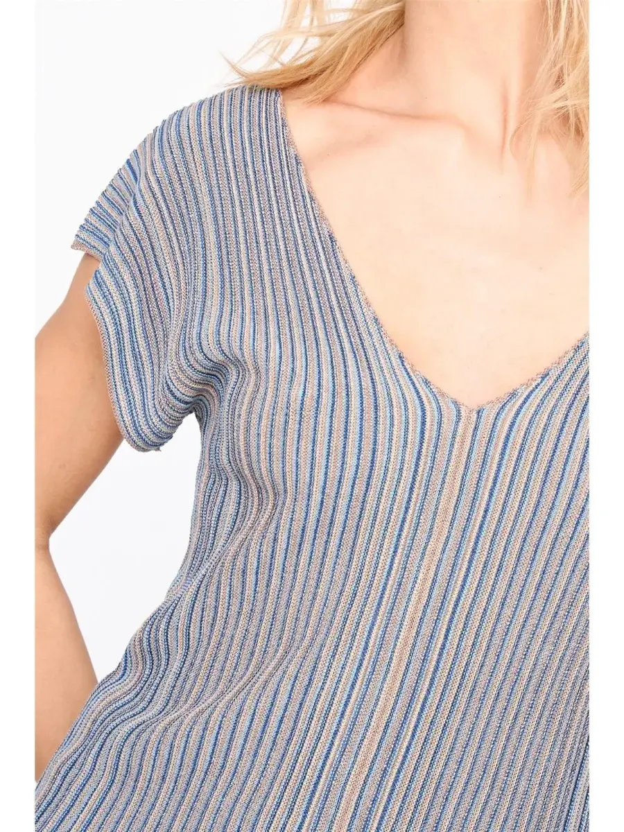 Caia fine stripped rib lurex top (set) Blue Sand-2