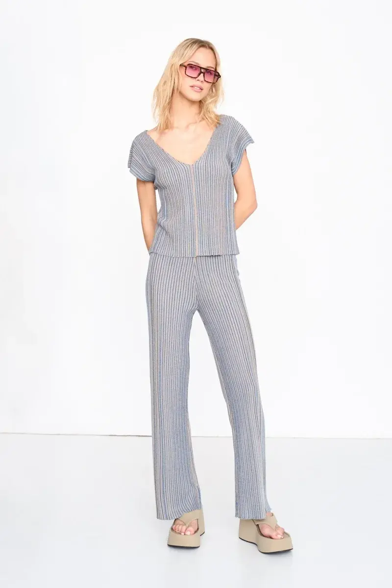Lou fine stripped rib lurex pant (set) Blue Sand-2