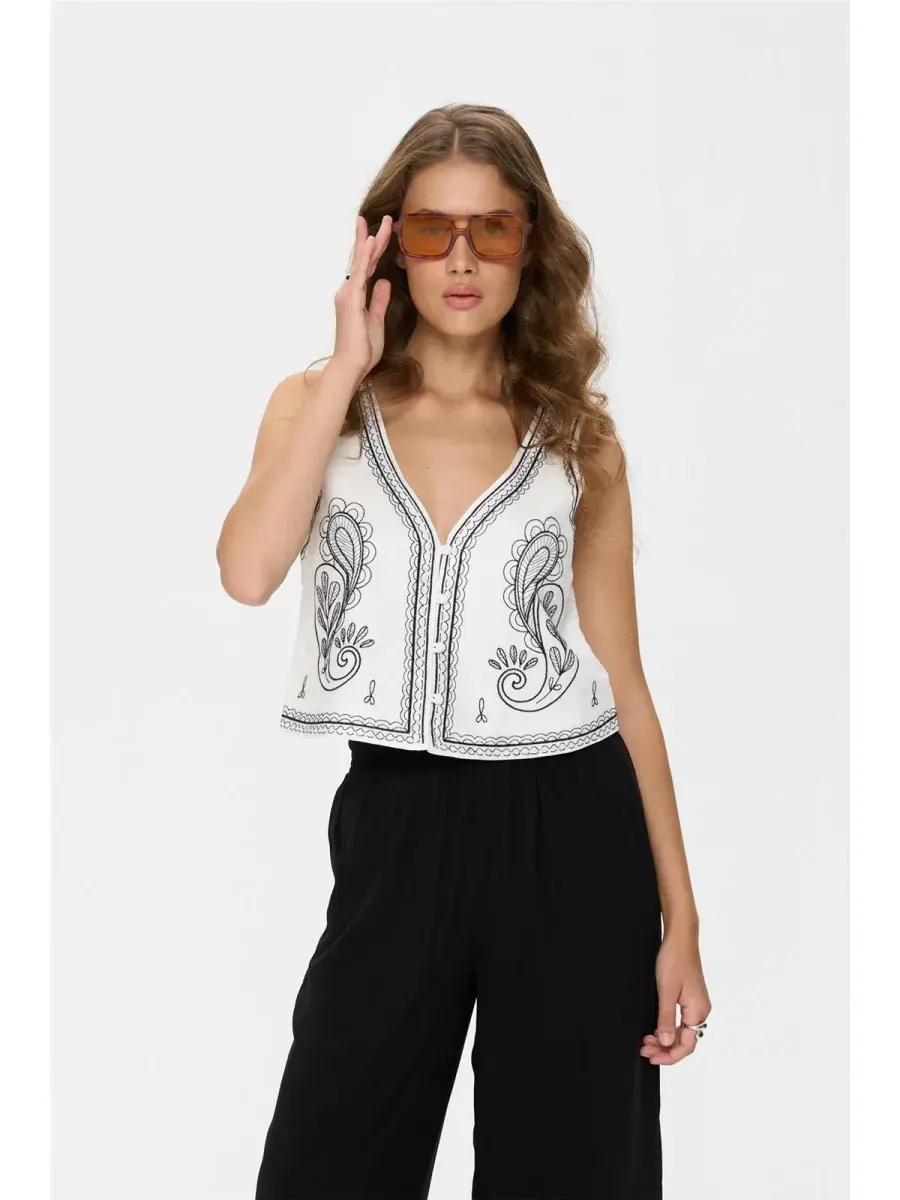 Alidan etnic coton gilet top White-1