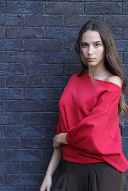 Bossak satin touch boatneck batsleeve sweater Red