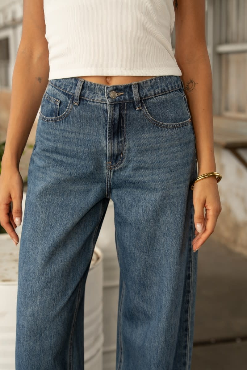 Brune adjustable waistband barrel denim Mid Stone Blue-2