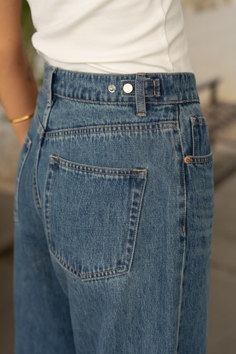 Brune adjustable waistband barrel denim Mid Stone Blue-3