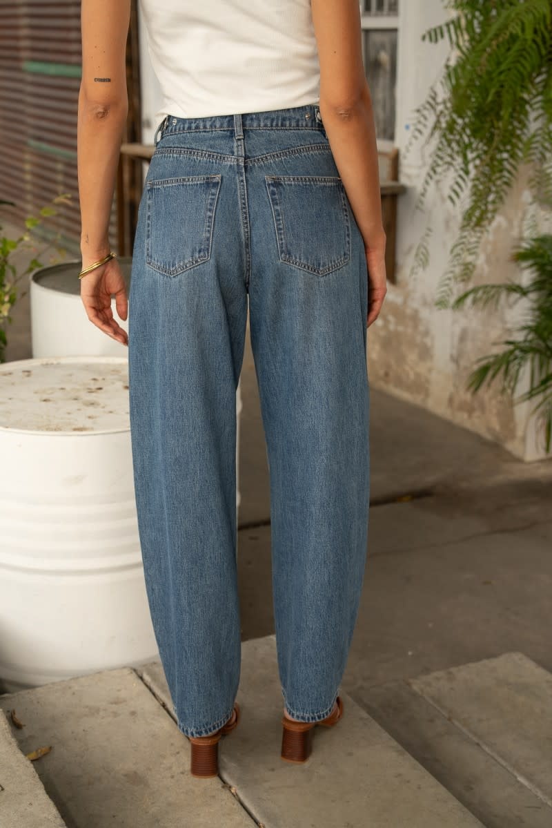Brune adjustable waistband barrel denim Mid Stone Blue-4