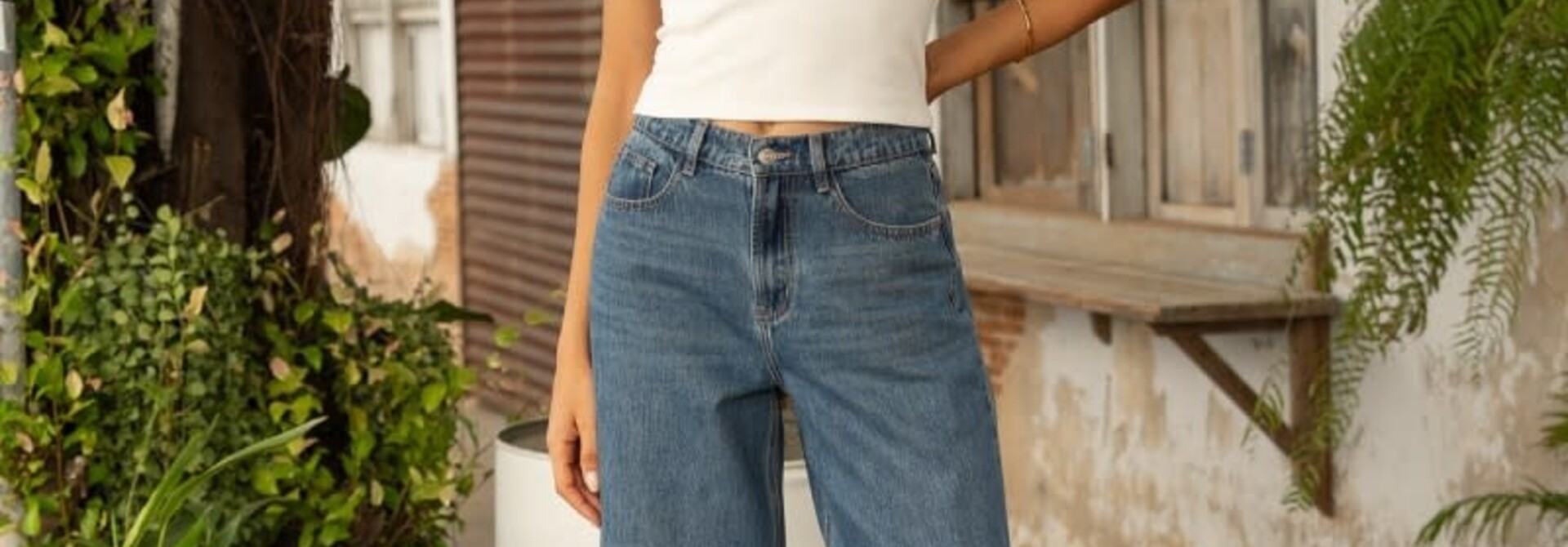 Brune adjustable waistband barrel denim Mid Stone Blue
