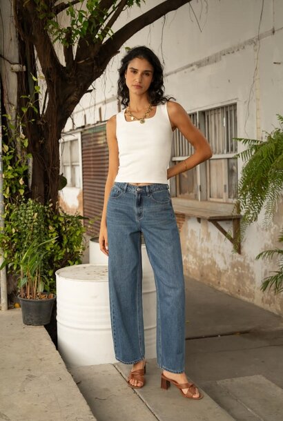 Brune adjustable waistband barrel denim Mid Stone Blue