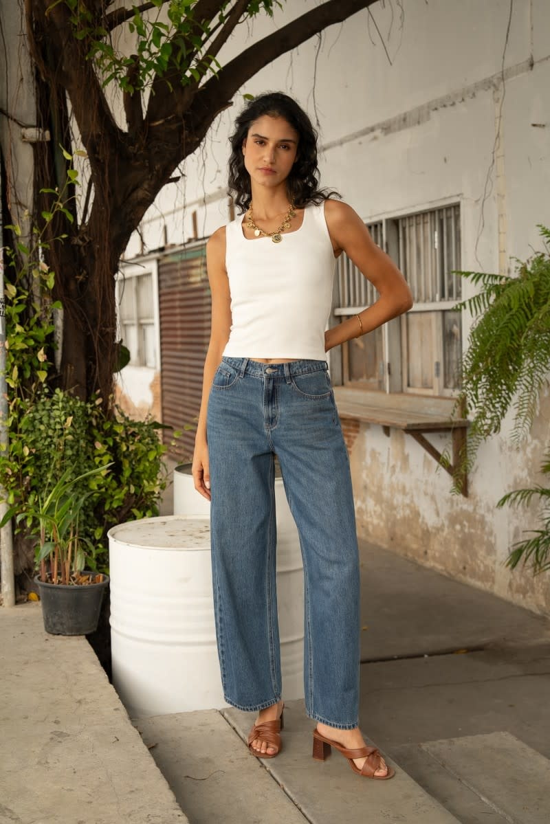 Brune adjustable waistband barrel denim Mid Stone Blue-1