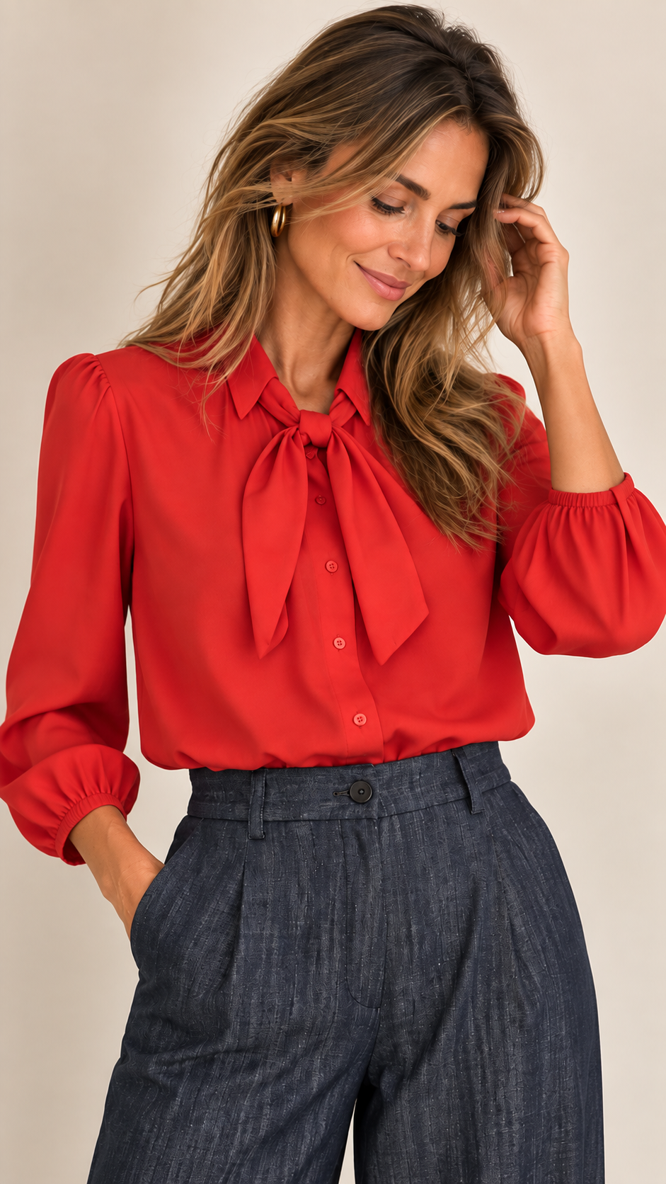 bill cotton popeline bow blouse Red-2