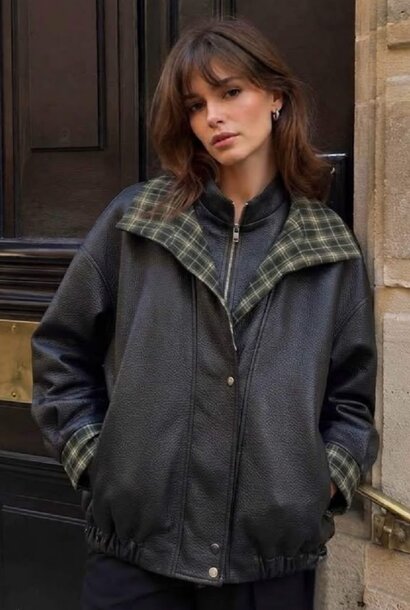 Brad checkered batwing leather bomber jacket Khaki Green