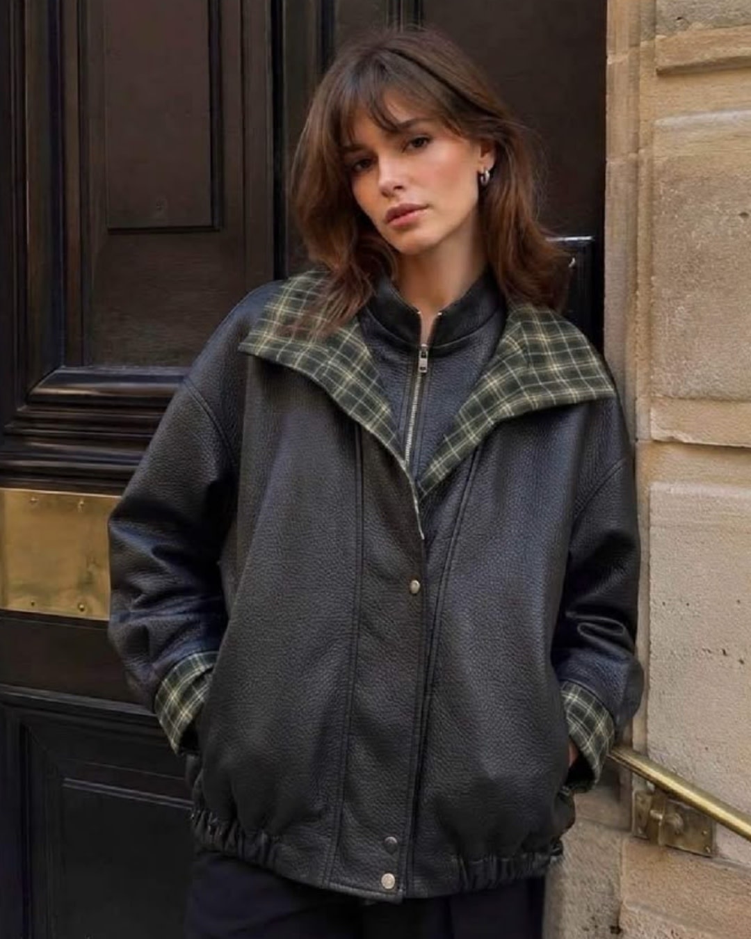 Brad checkered batwing leather bomber jacket Khaki Green-1