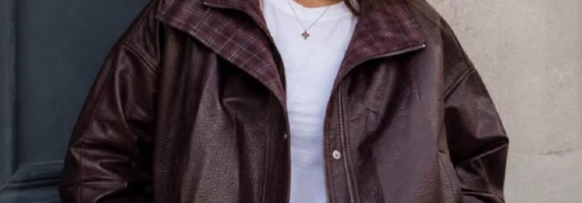 Brad checkered batwing leather bomber jacket Burgundy