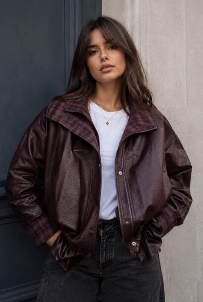 Brad checkered batwing leather bomber jacket Burgundy
