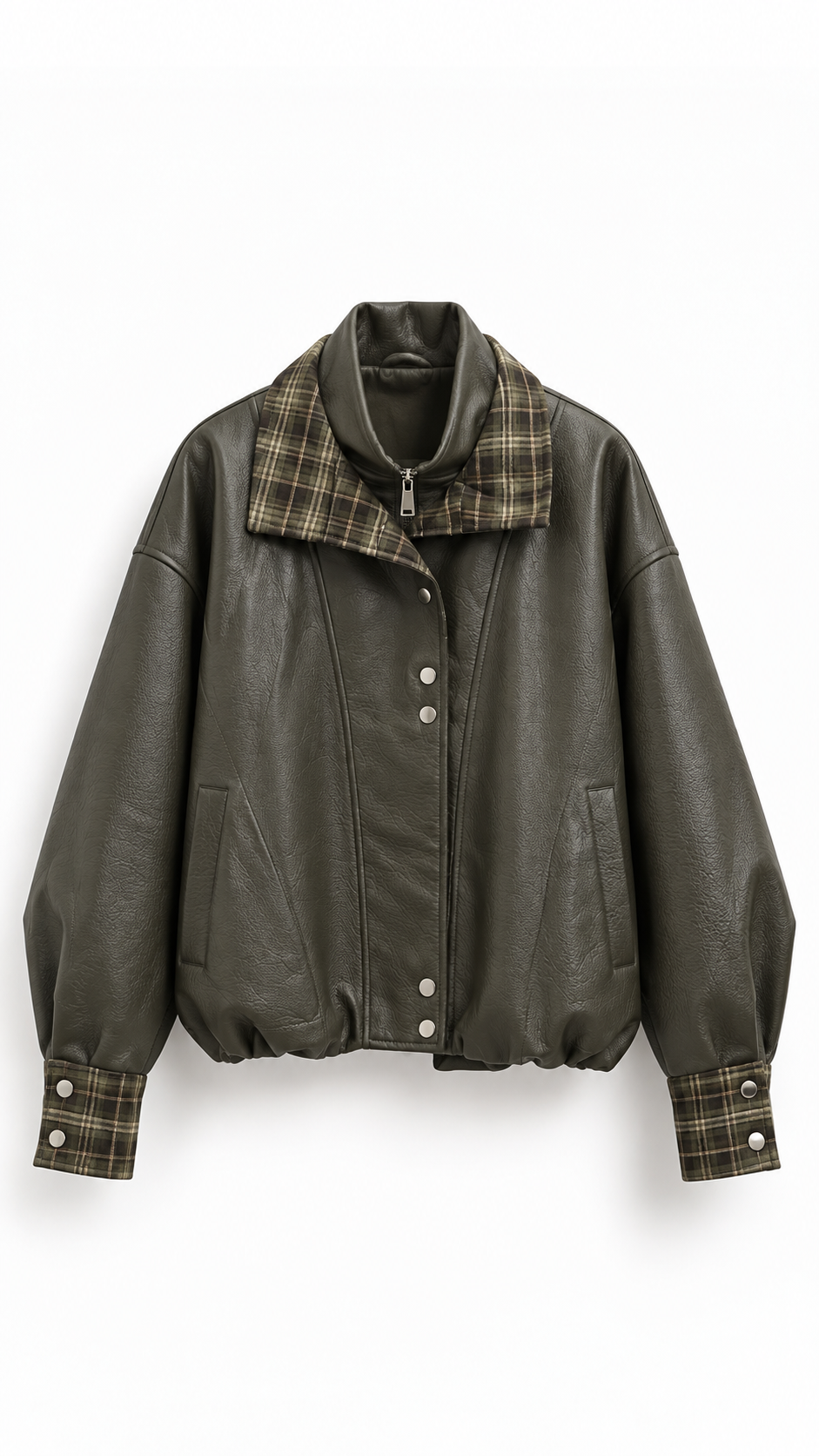 Brad checkered batwing leather bomber jacket Khaki Green-2
