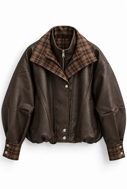 Brad checkered batwing leather bomber jacket Coffee Brown
