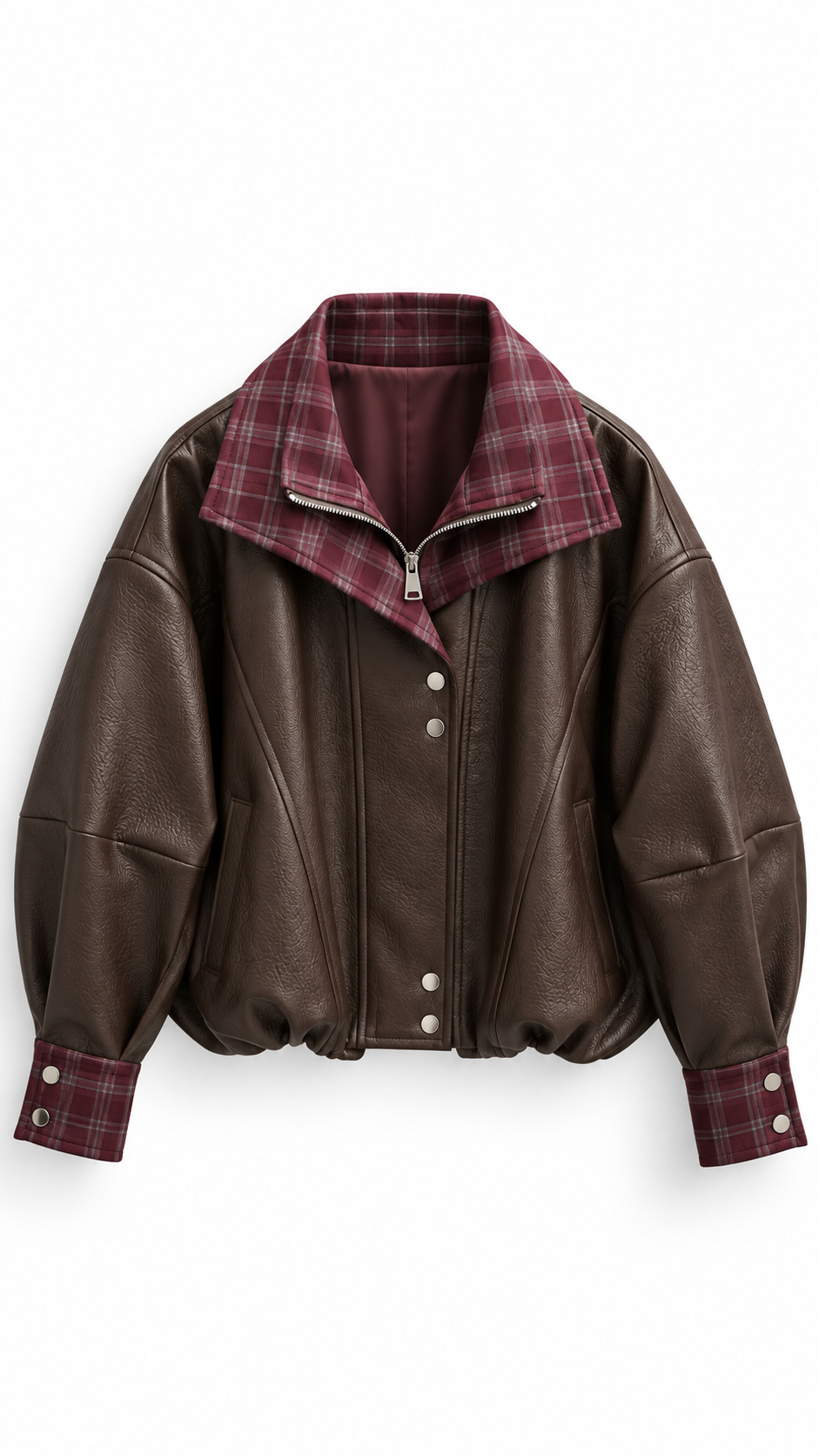 Brad checkered batwing leather bomber jacket Burgundy-3