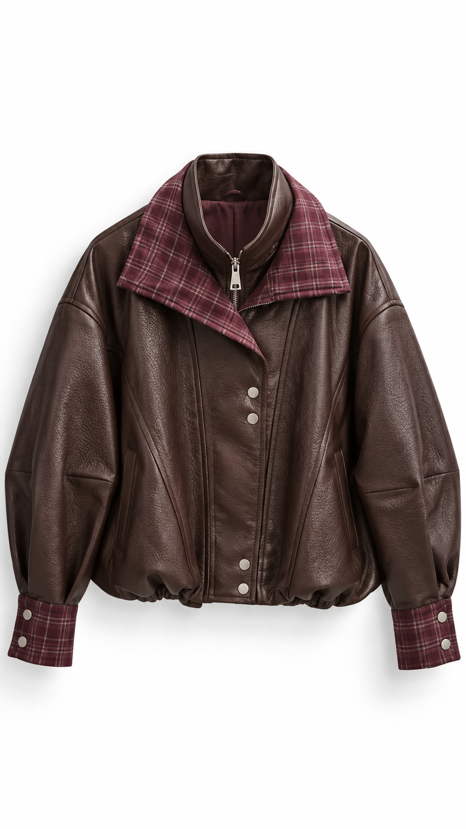 Brad checkered batwing leather bomber jacket Burgundy-4