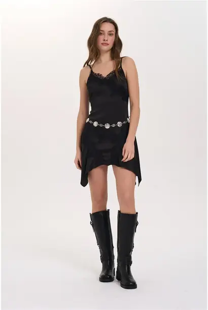 Naomi satin lace strap dress Black