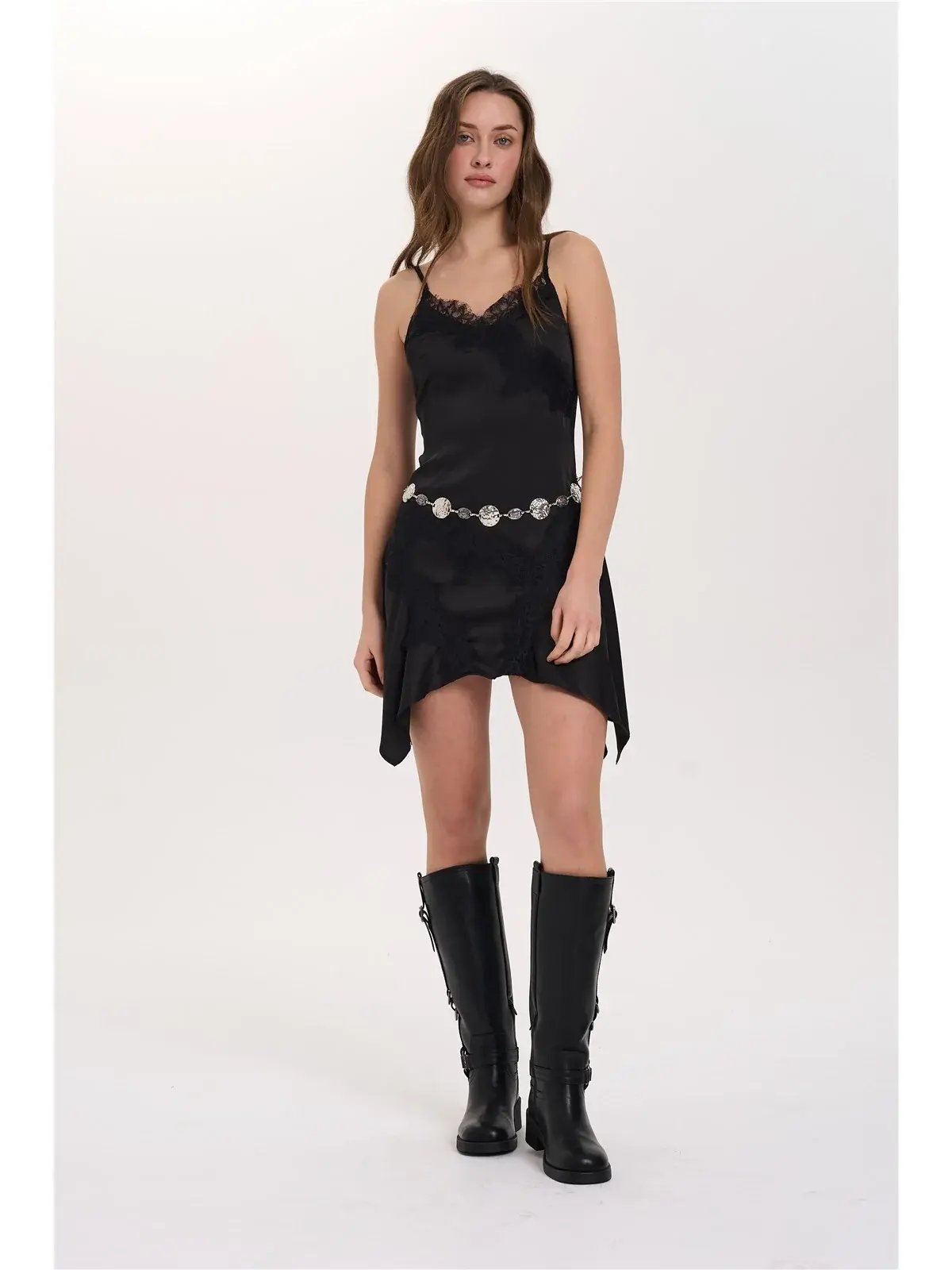 Naomi satin lace strap dress Black-1