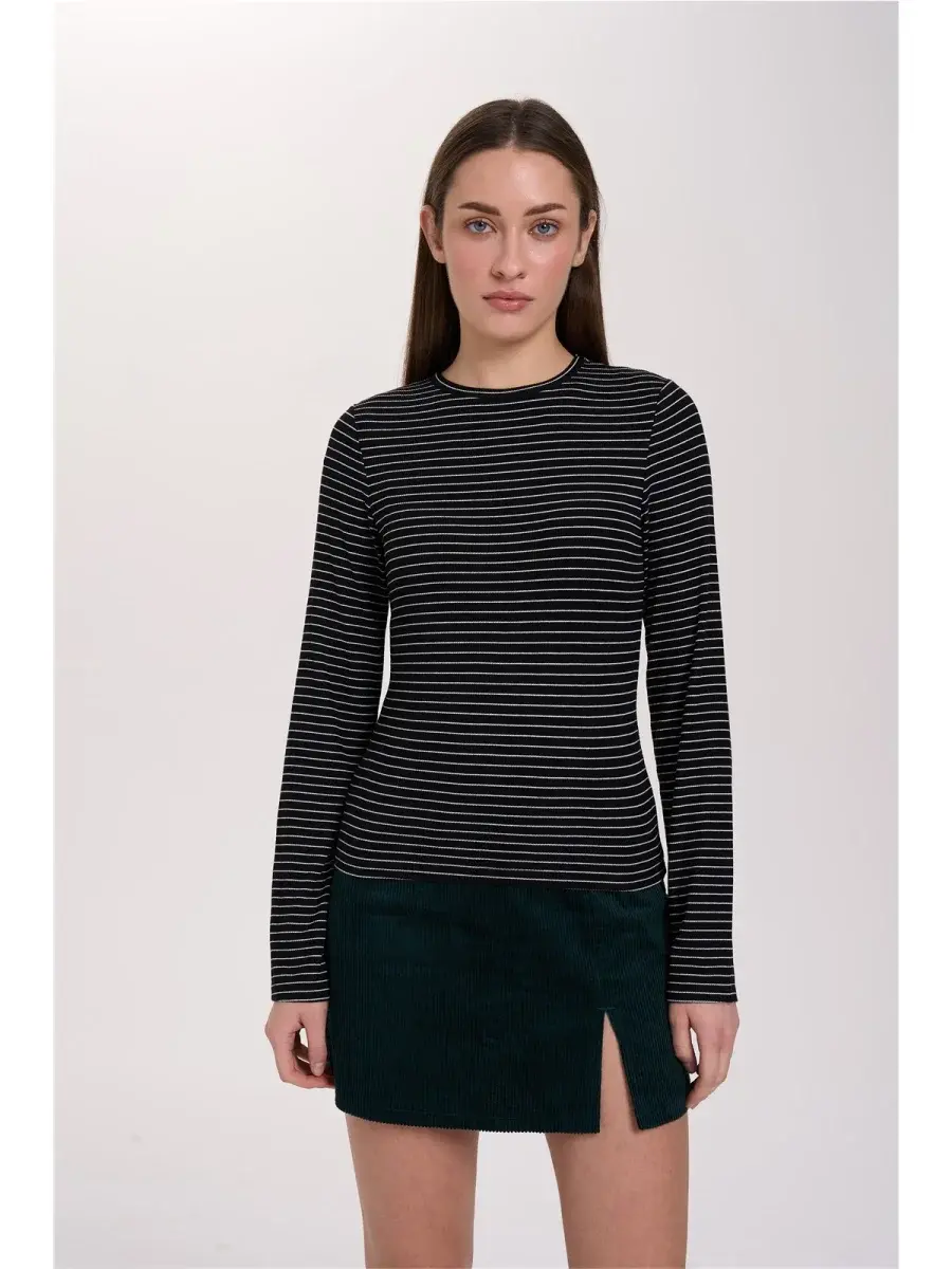 Inga fine rib viscose l/s t-shirt stripped Black-1
