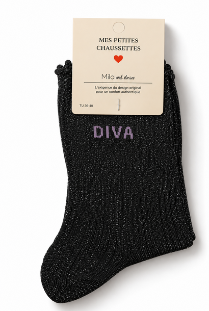 "Diva" sparkle socks with ruffled hem Black