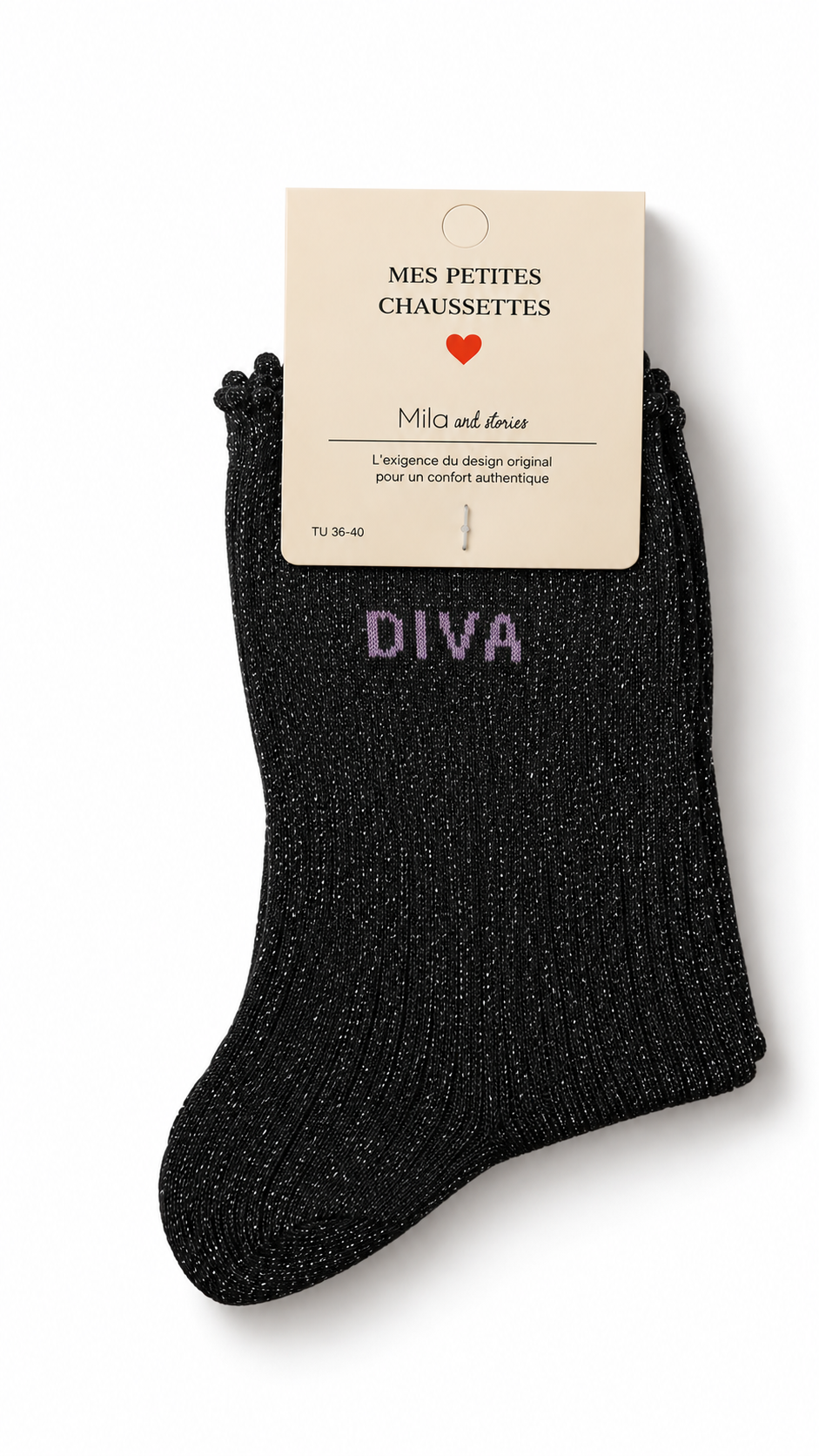 "Diva" sparkle socks with ruffled hem Black-1