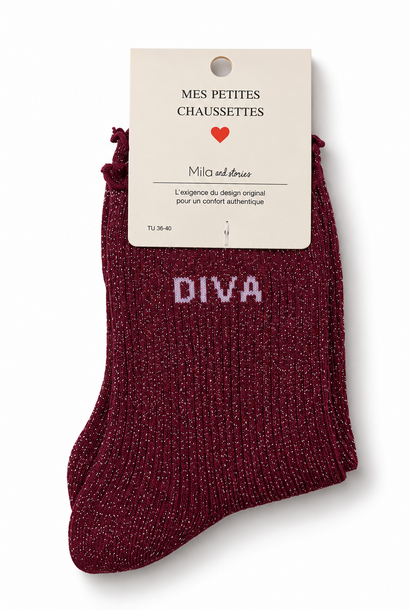 "Diva" sparkle socks with ruffled hem Bordeaux