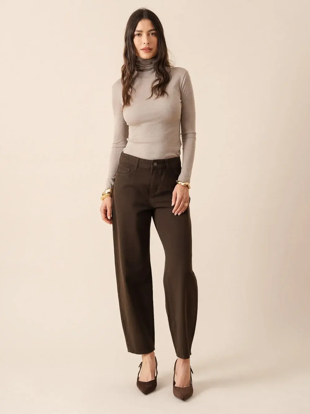Bony mid waist barrel denim Brown-1