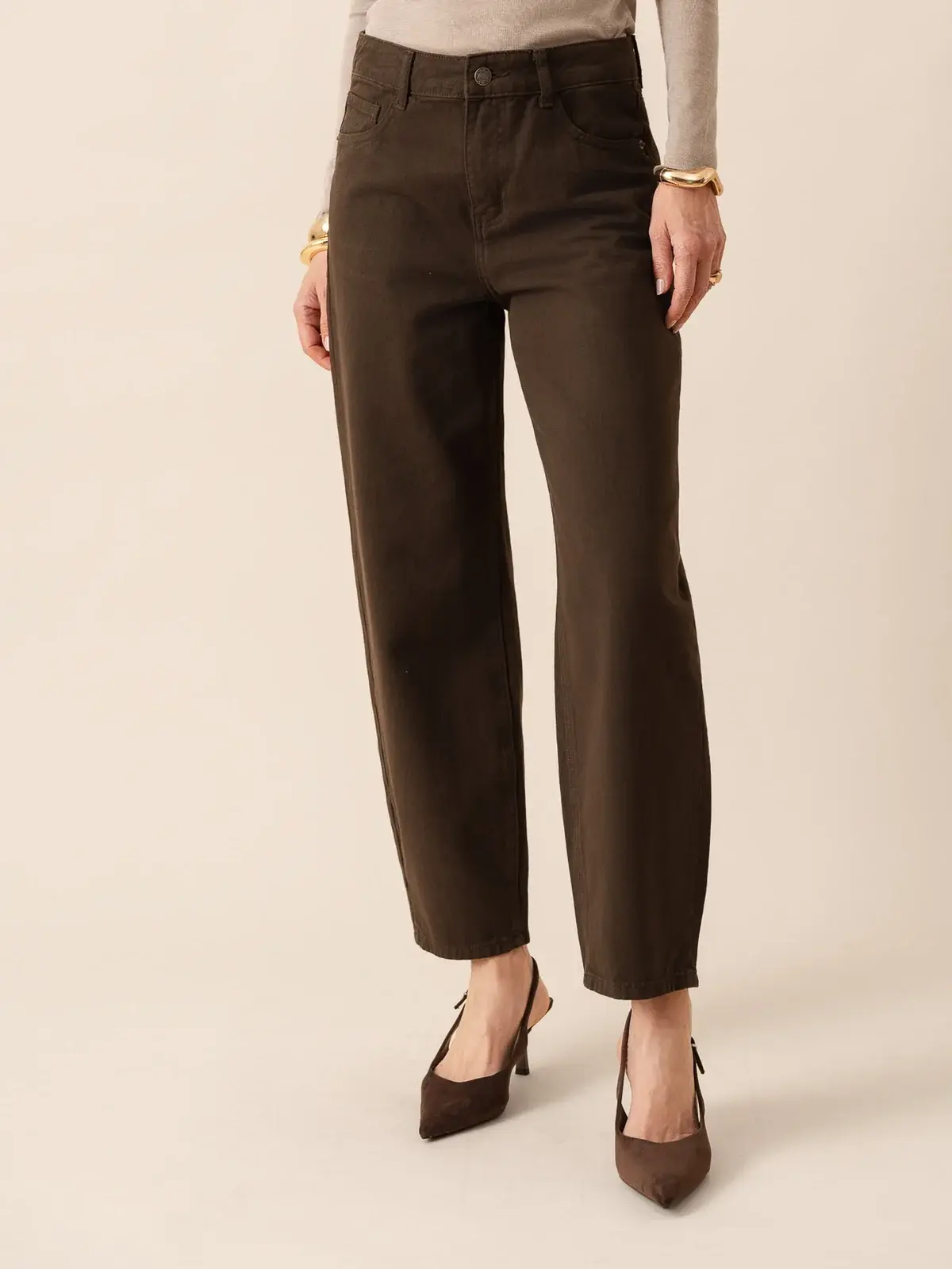 Bony mid waist barrel denim Brown-4