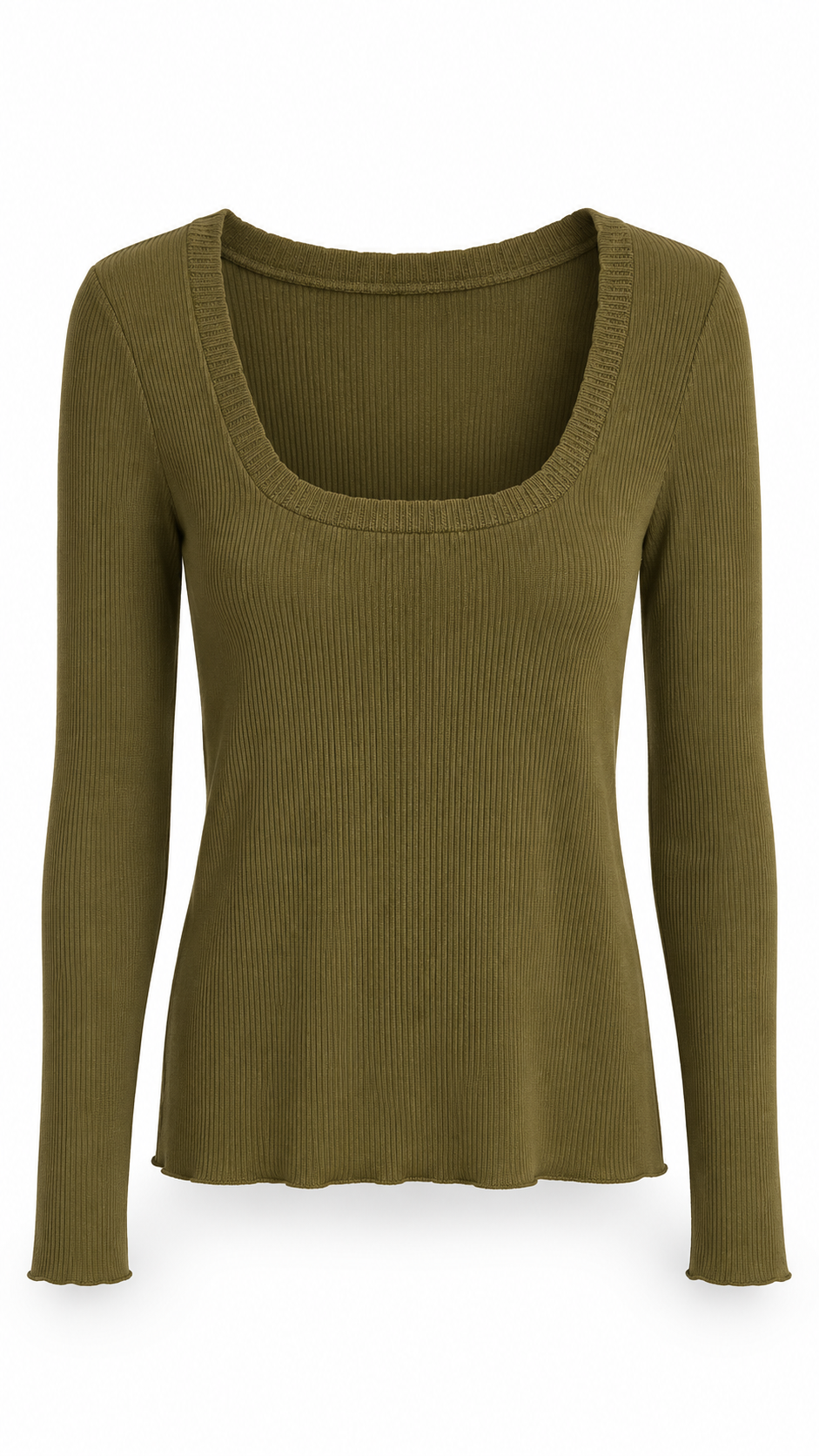 Maja rib knit l/s top with squared neckline Olive Green-1