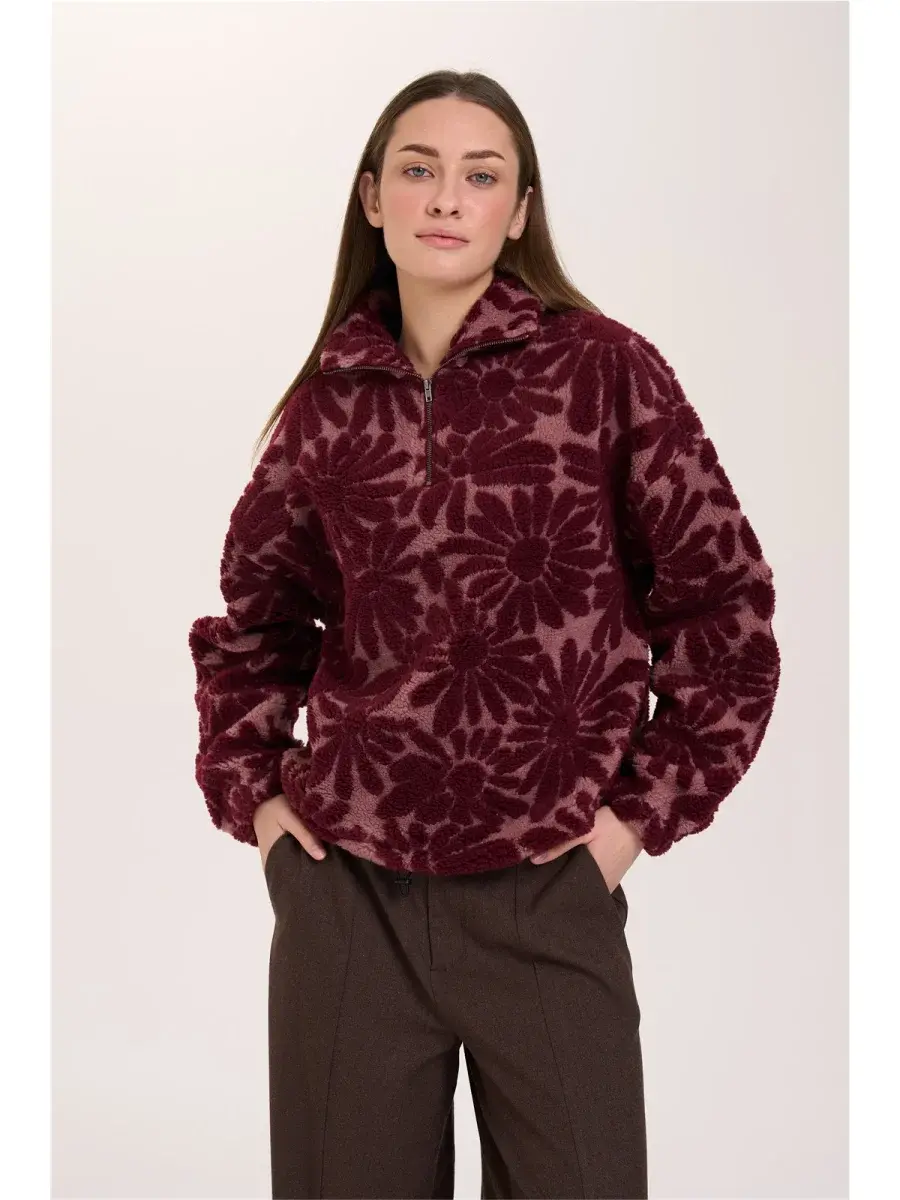 Toko structured flower fleece sweater Bordeaux-1