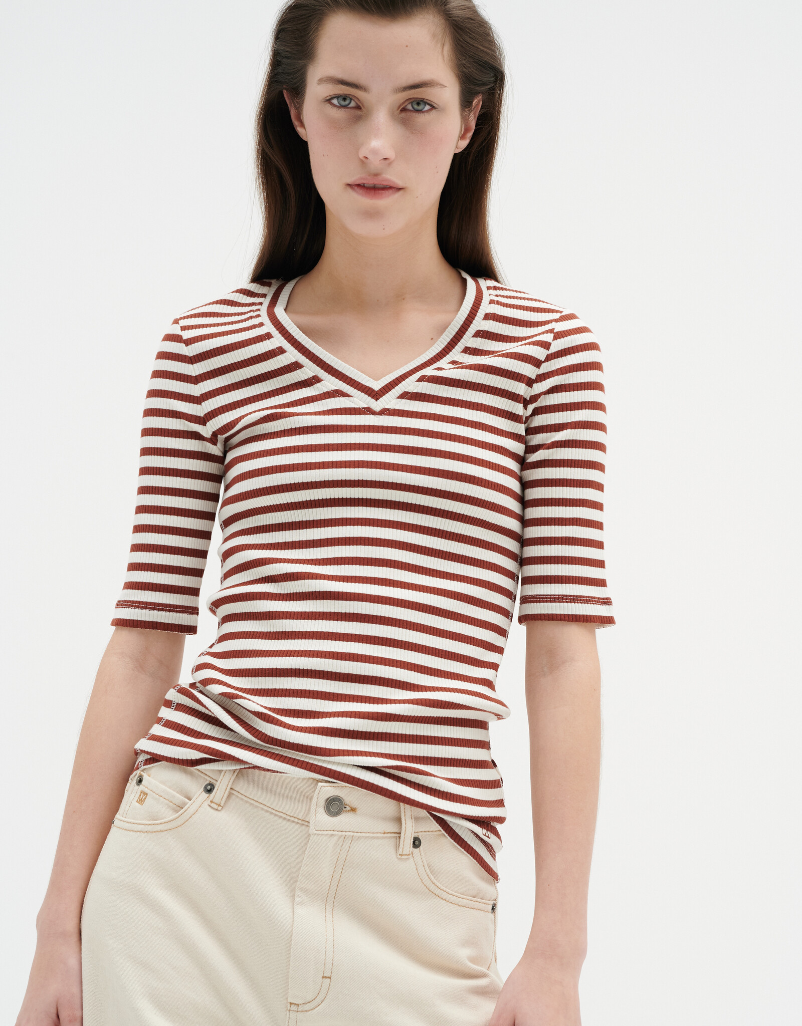 InWear Dagna Striped V T-Shirt Cherry Mahogany