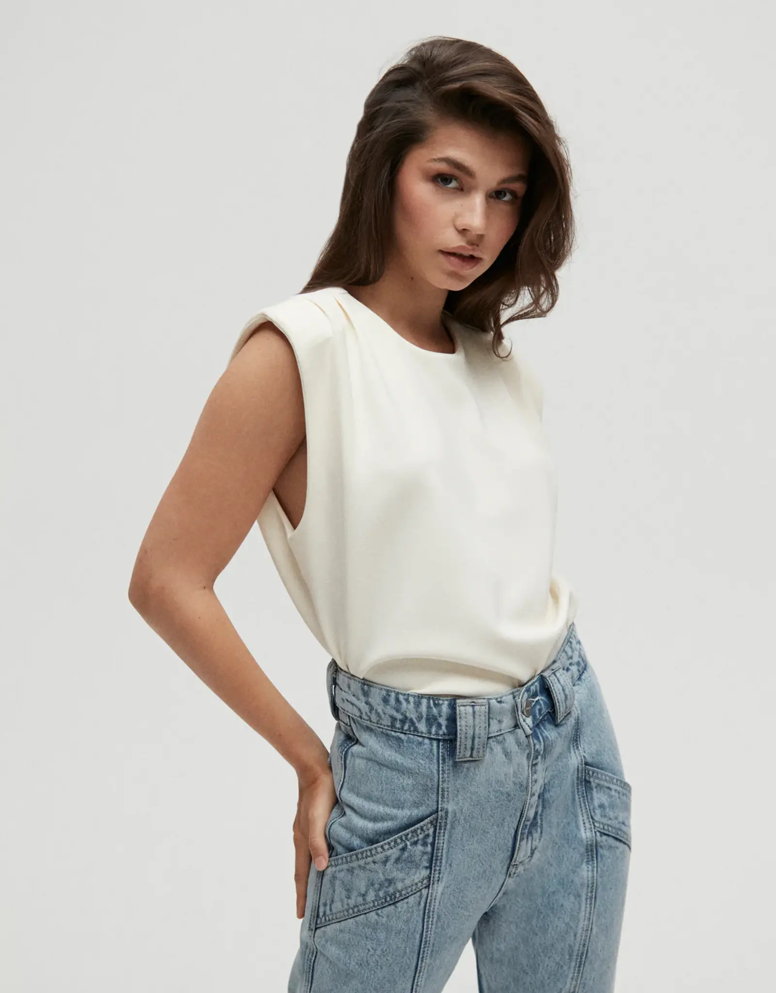 Homage Padded Shoulder Top With Pleats Soft Cream