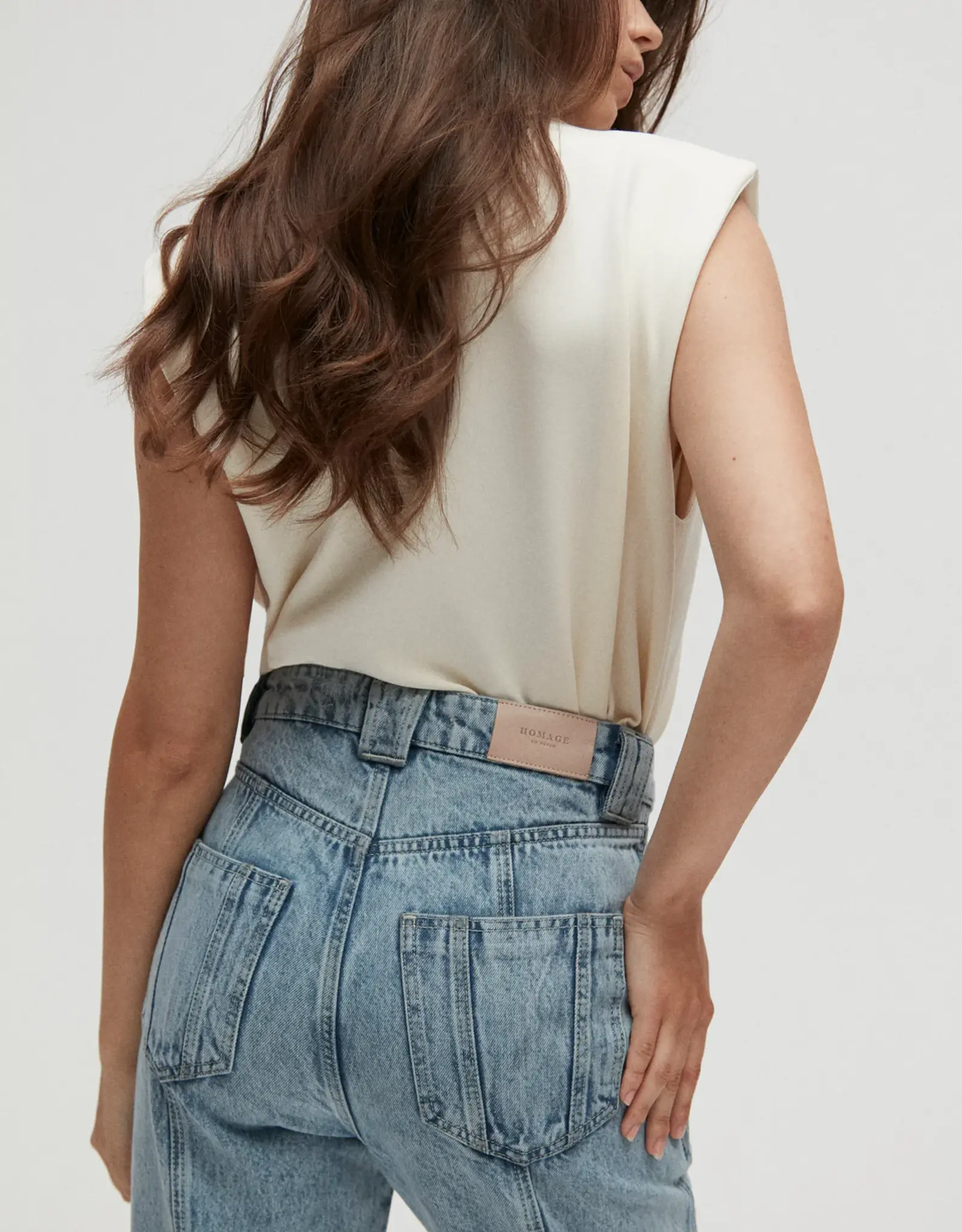 Homage Padded Shoulder Top With Pleats Soft Cream