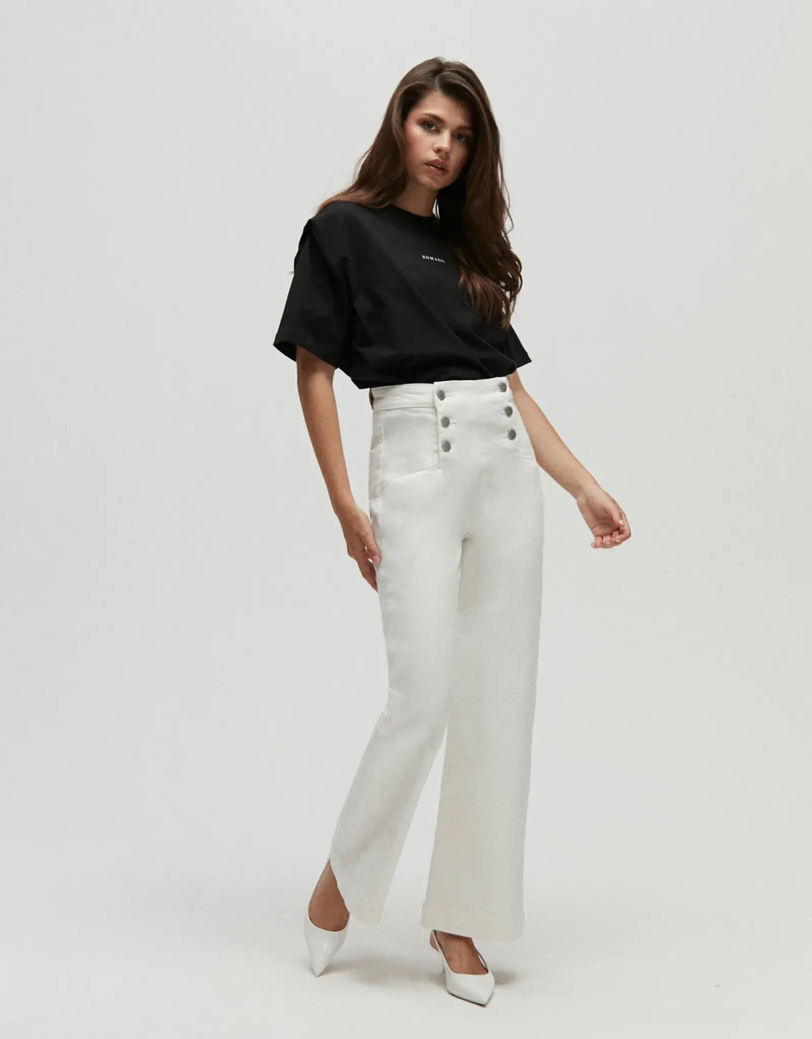 Homage Lauren Cropped Wide Leg With Button Detail Off White