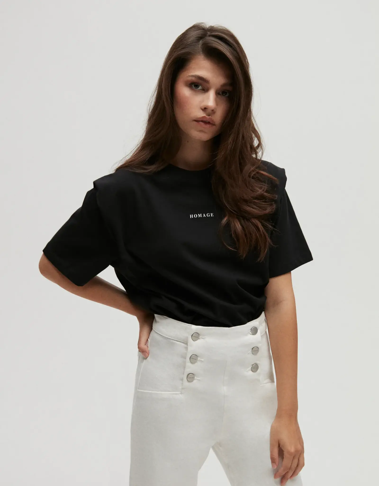 Homage Lauren Cropped Wide Leg With Button Detail Off White