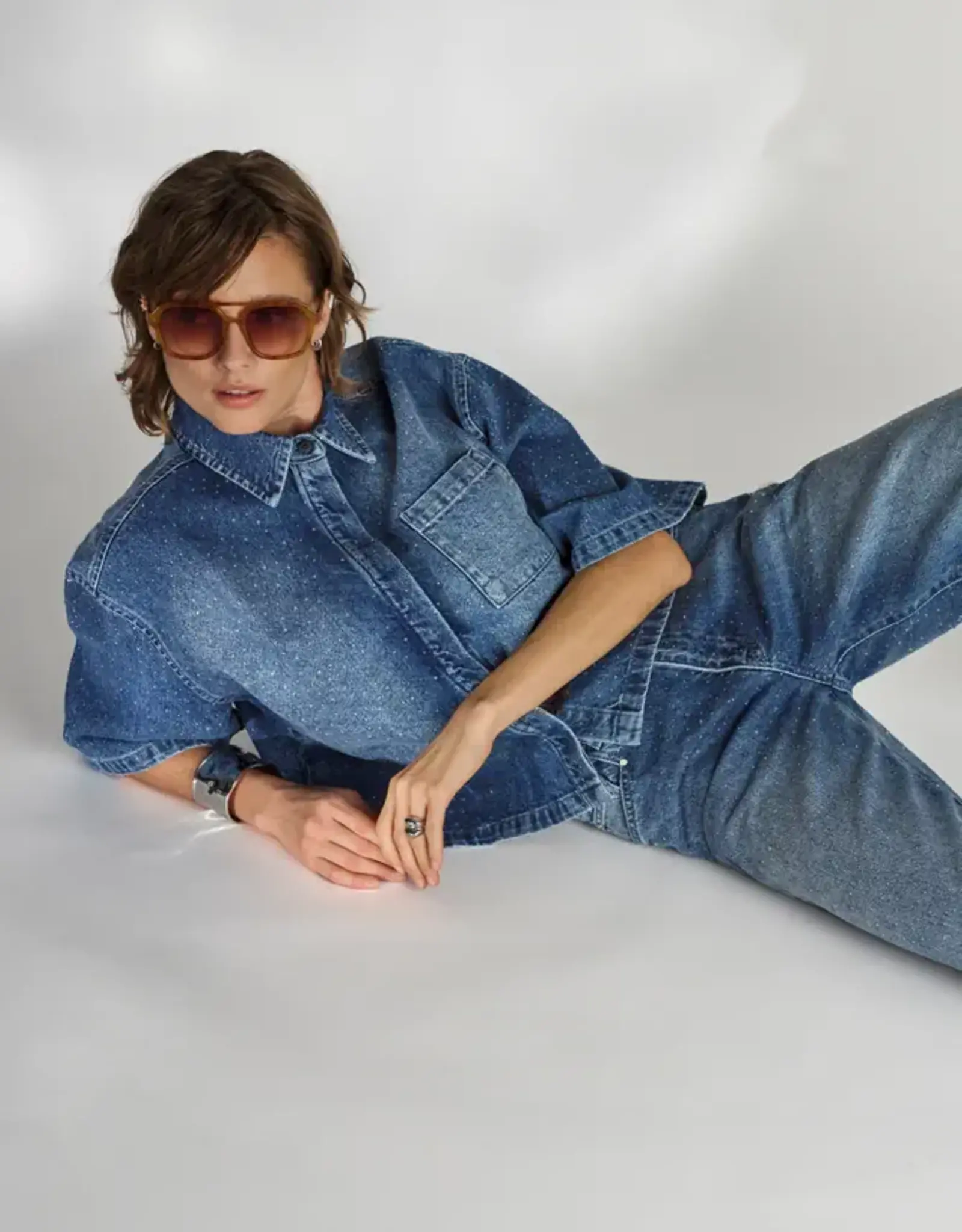 Dante 6 Daisy Rhinestone Denim Shirt Vintage Blue