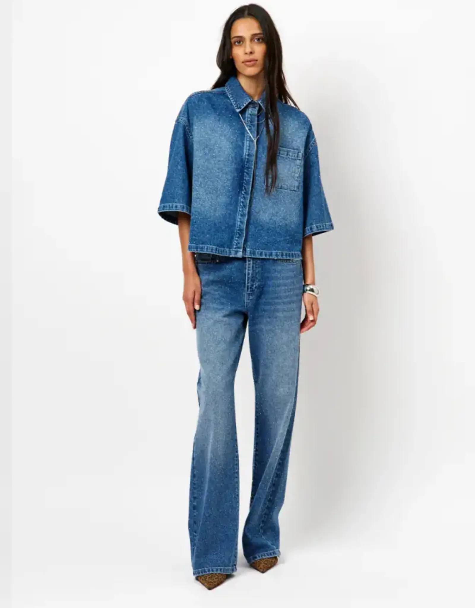 Dante 6 Daisy Rhinestone Denim Shirt Vintage Blue
