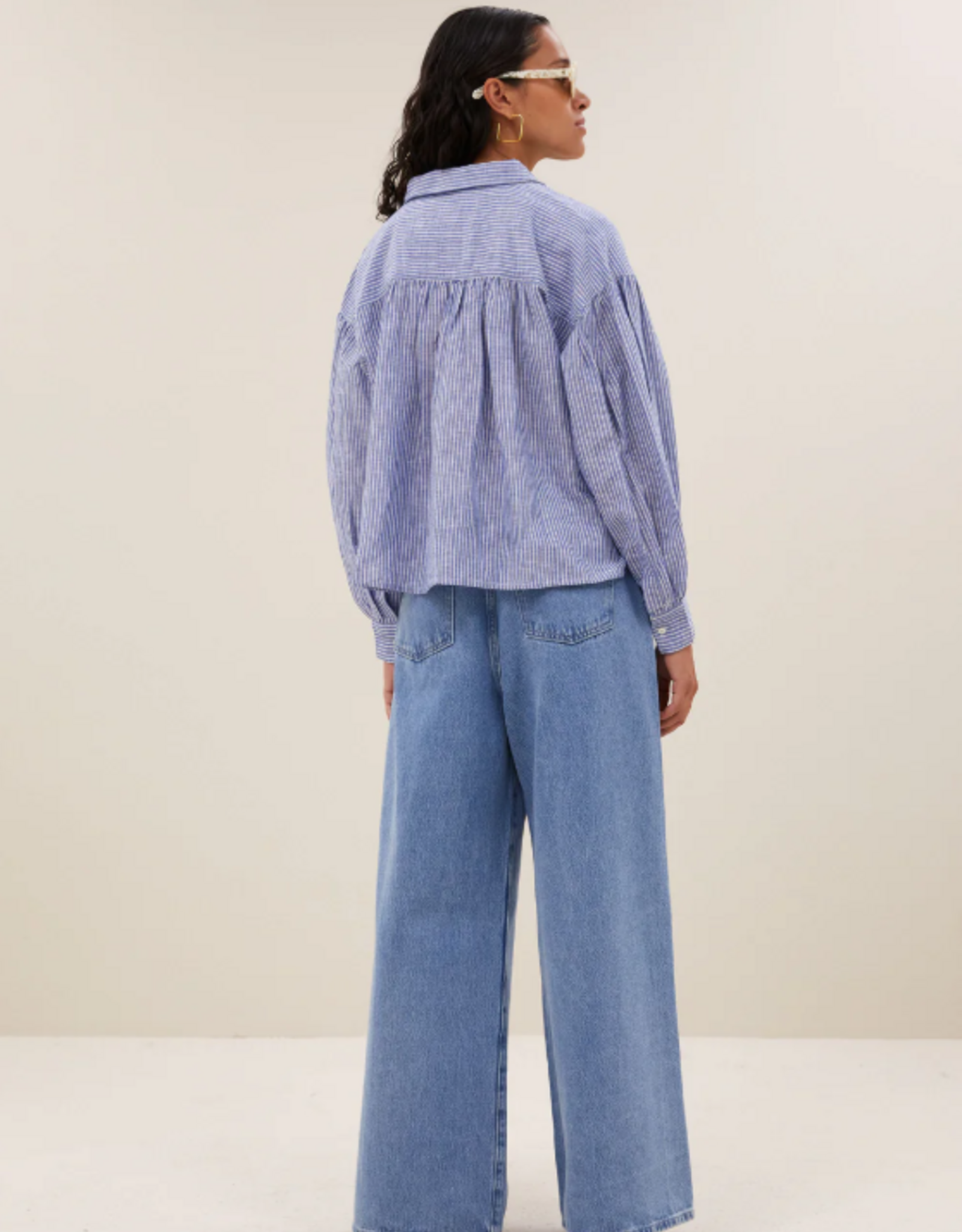 By Bar Sarah Short Linen Blouse Blue Stripe